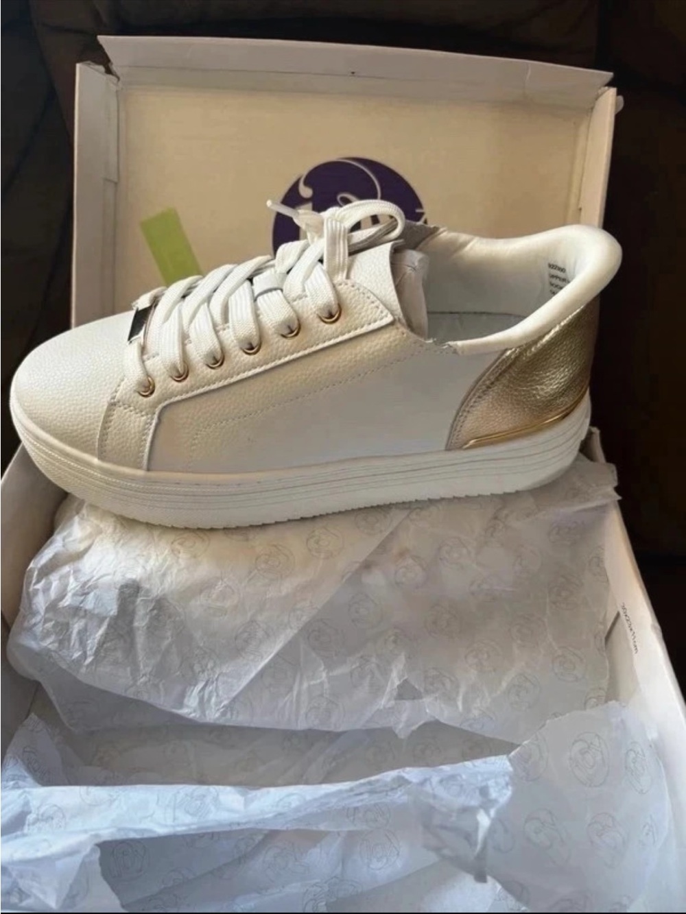 Joy Mangano White Sneakers with Gold Heel Accent